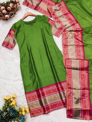 Lime green jaquard kanchi cotton v neck kurti dupatta set 5