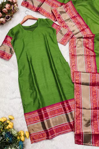 Lime green jaquard kanchi cotton v neck kurti dupatta set