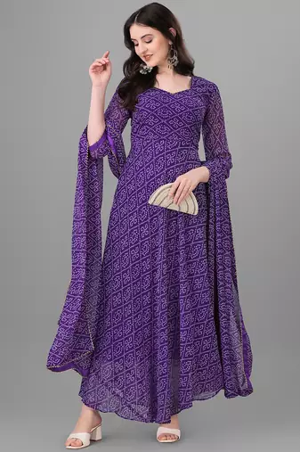  purple georgette anarkali printed  kurti with dupatta