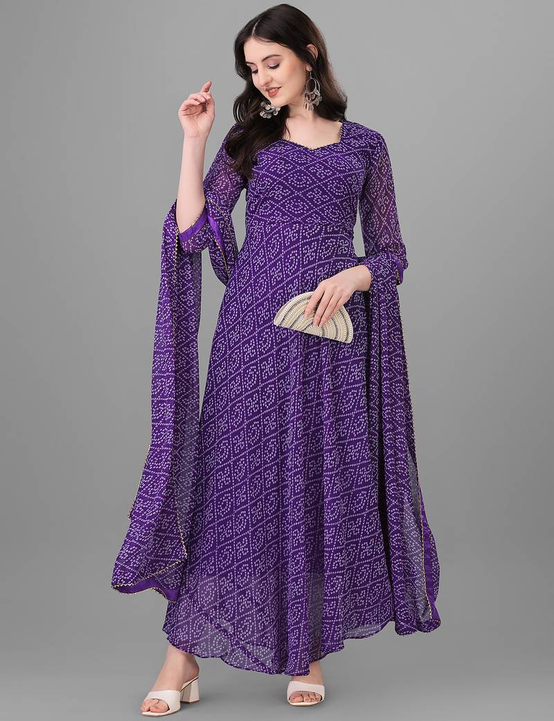  purple georgette anarkali printed  kurti with dupatta