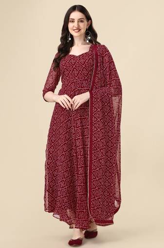  maroon georgette anarkali printed  kurti with dupatta