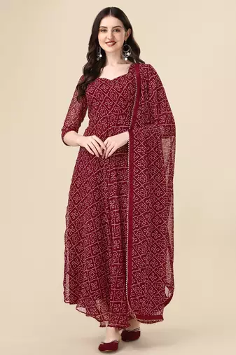  maroon georgette anarkali printed  kurti with dupatta