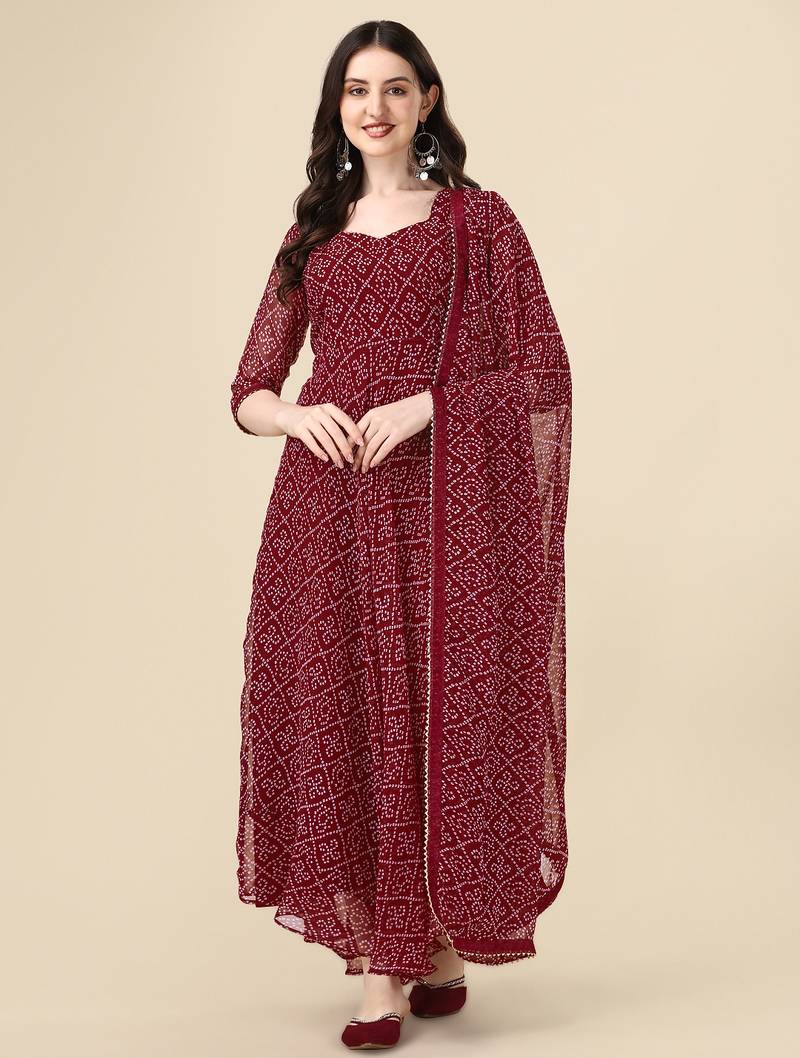  maroon georgette anarkali printed  kurti with dupatta