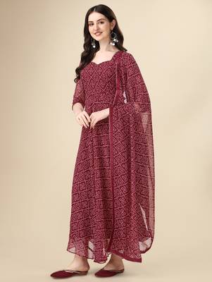  maroon georgette anarkali printed  kurti with dupatta 2