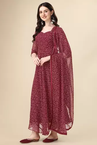  maroon georgette anarkali printed  kurti with dupatta