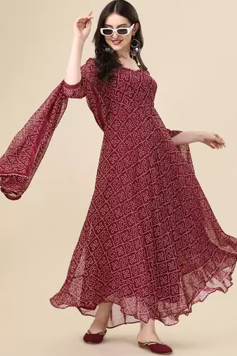  maroon georgette anarkali printed  kurti with dupatta