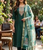 Green coding sequence embroidered kurta with trouser & dupatta