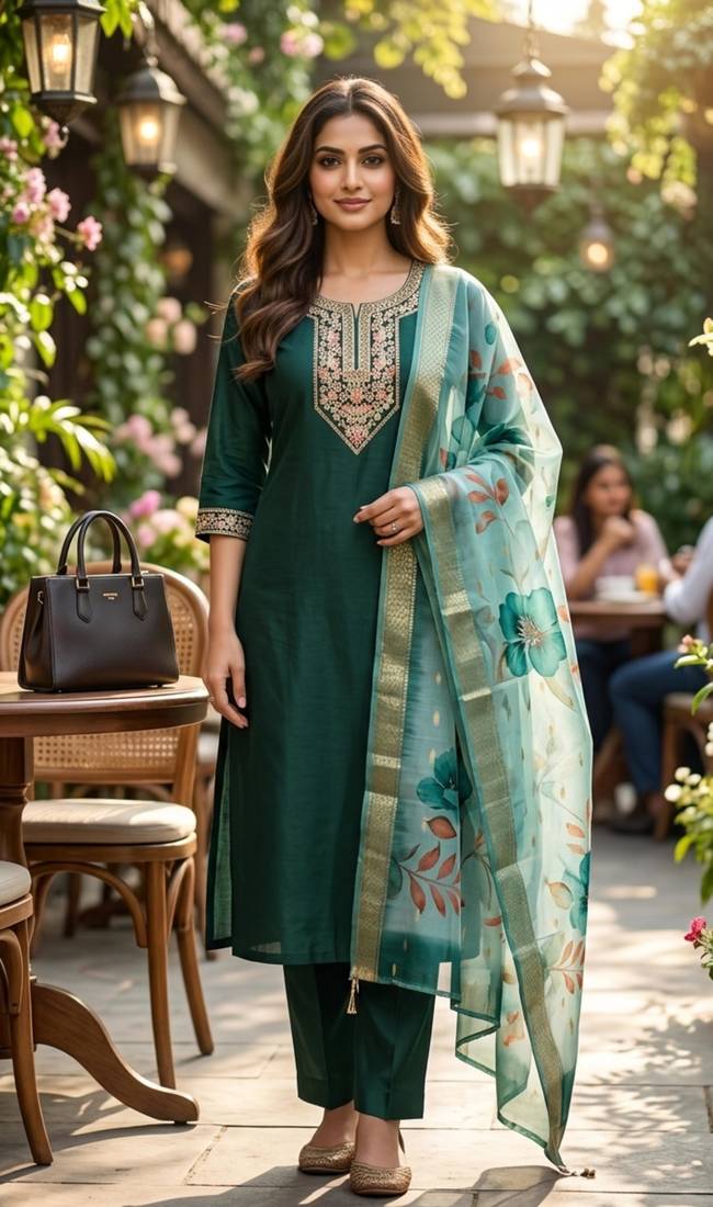 Green coding sequence embroidered kurta with trouser & dupatta