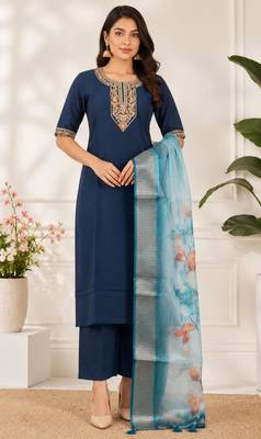 Navy blue coding sequence embroidered kurta with trouser & dupatta 1