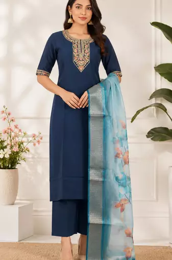 Navy blue coding sequence embroidered kurta with trouser & dupatta