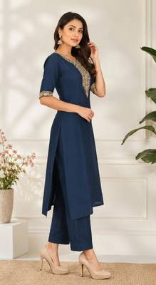 Navy blue coding sequence embroidered kurta with trouser & dupatta 4