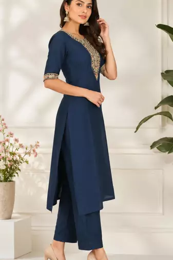 Navy blue coding sequence embroidered kurta with trouser & dupatta