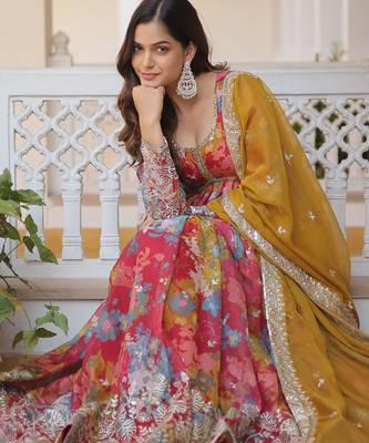 Peach silk readymade anarkali suit with zari & sequin  work 2