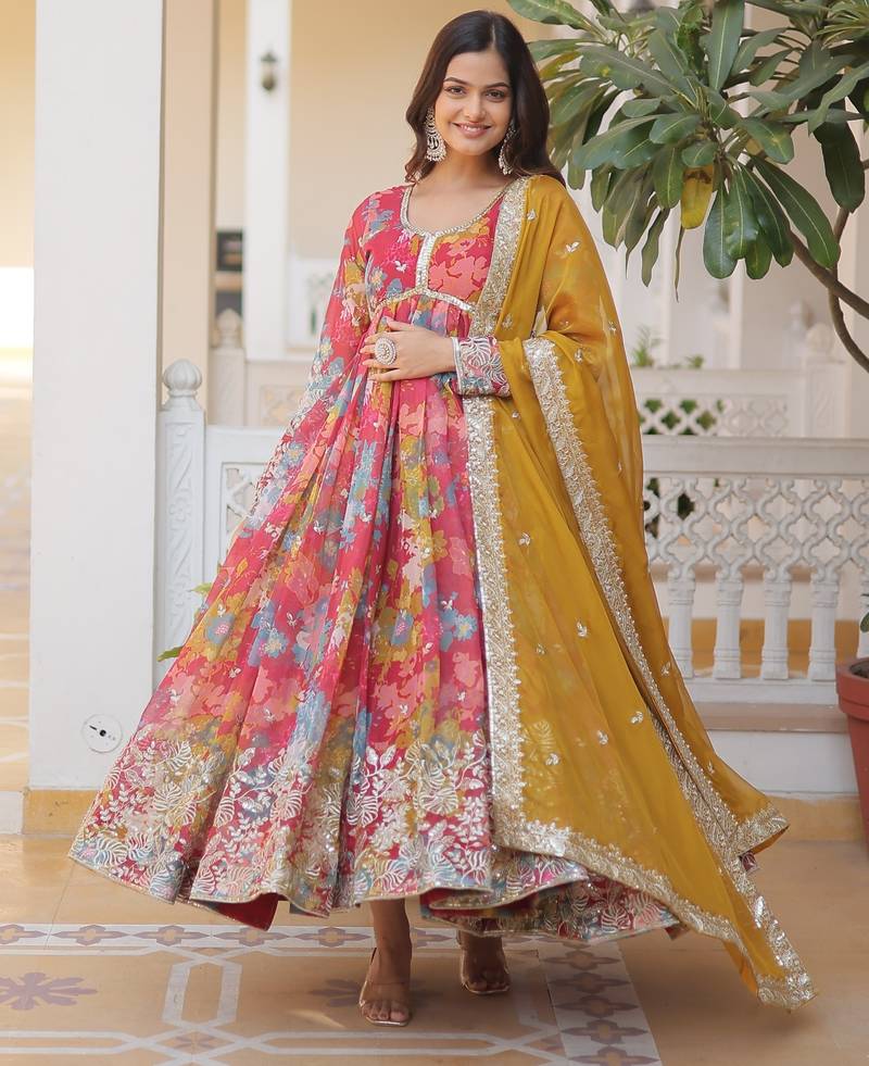Peach silk readymade anarkali suit with zari & sequin  work