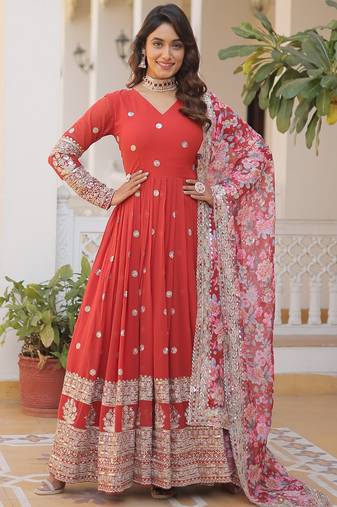 Red georgette readymade anarkali suit with zari & sequin  work