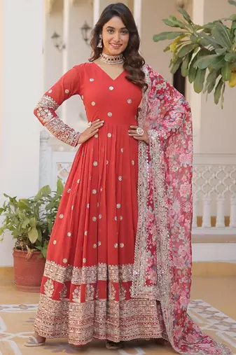 Red georgette readymade anarkali suit with zari & sequin  work