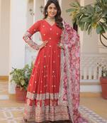Red georgette readymade anarkali suit with zari & sequin  work