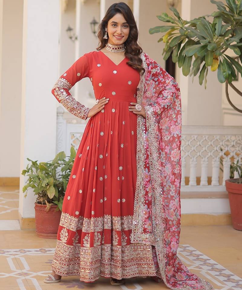 Red georgette readymade anarkali suit with zari & sequin  work