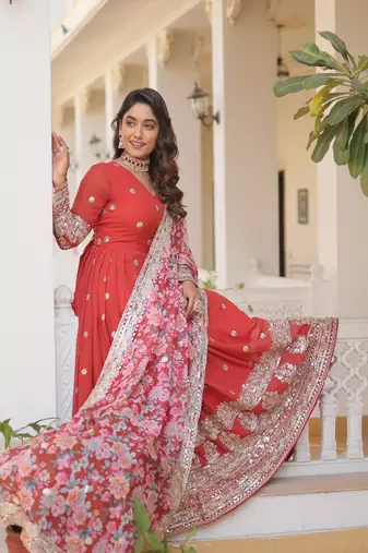 Red georgette readymade anarkali suit with zari & sequin  work
