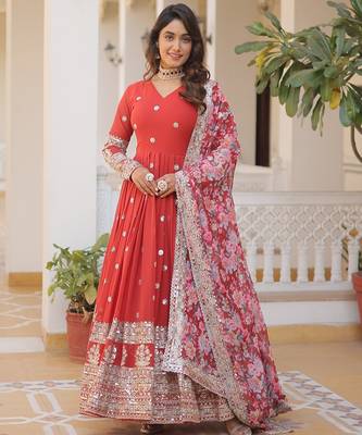 Red georgette readymade anarkali suit with zari & sequin  work 4