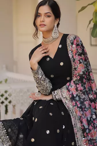 Black georgette readymade anarkali suit with zari & sequin  work