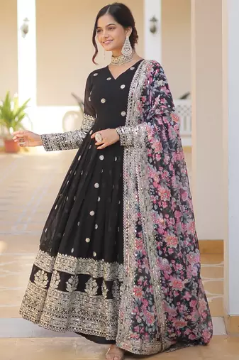 Black georgette readymade anarkali suit with zari & sequin  work