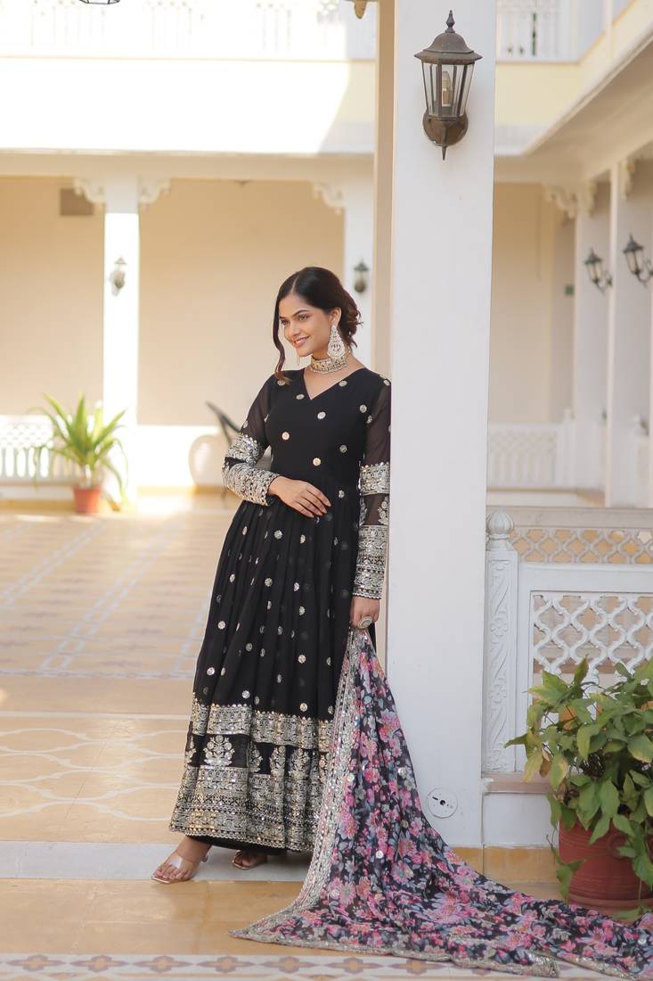 Black georgette readymade anarkali suit with zari & sequin  work