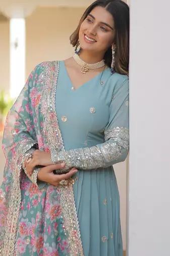 Sky blue georgette readymade anarkali suit with zari & sequin  work