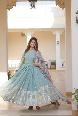 Sky blue georgette readymade anarkali suit with zari & sequin  work 1