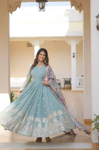Sky blue georgette readymade anarkali suit with zari & sequin  work