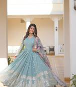 Sky blue georgette readymade anarkali suit with zari & sequin  work