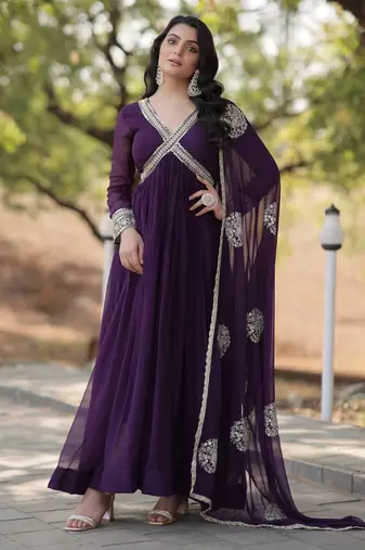 Violet georgette readymade anarkali suit with zari & sequin  work