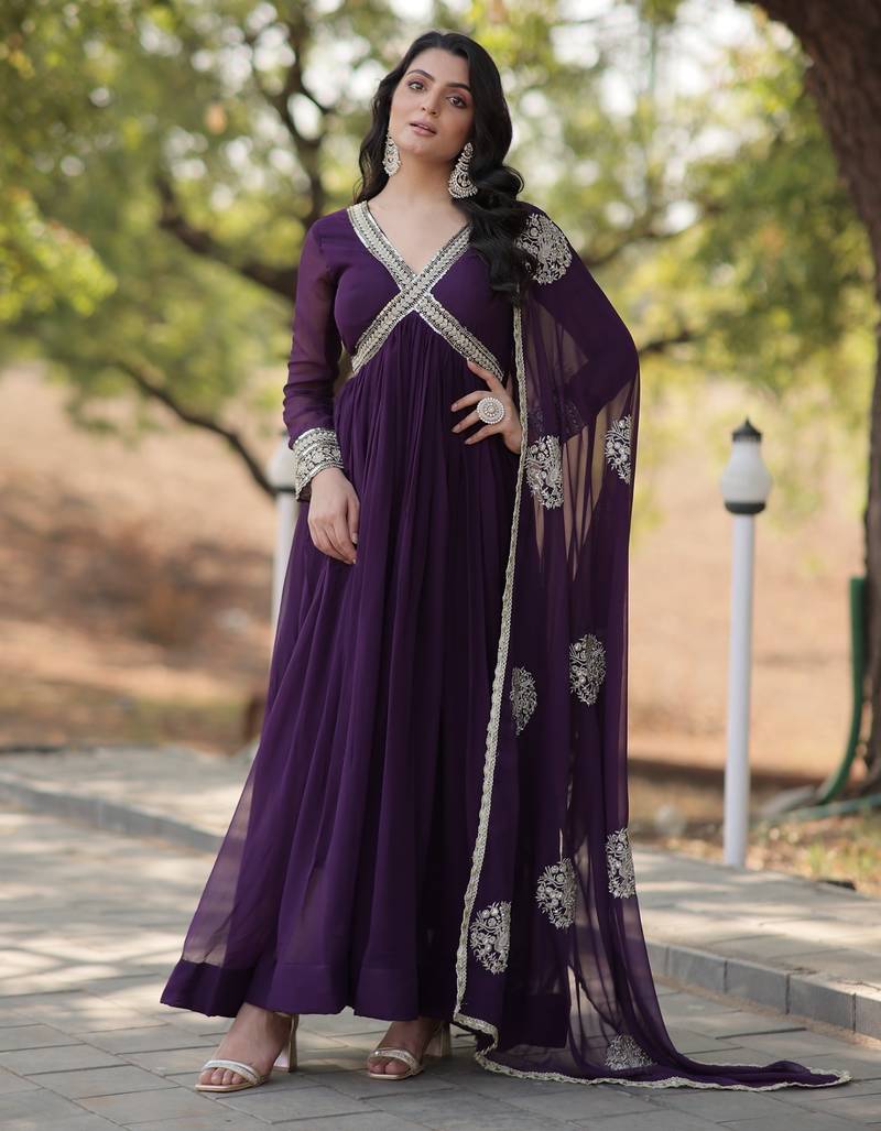 Violet georgette readymade anarkali suit with zari & sequin  work