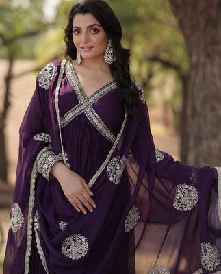 Violet georgette readymade anarkali suit with zari & sequin  work 2