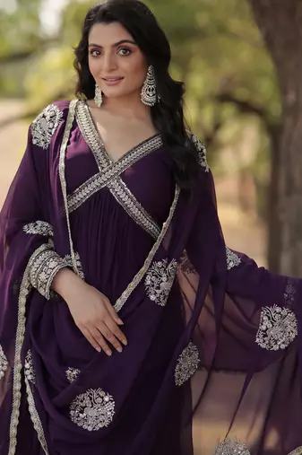 Violet georgette readymade anarkali suit with zari & sequin  work
