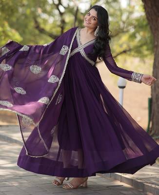 Violet georgette readymade anarkali suit with zari & sequin  work 3