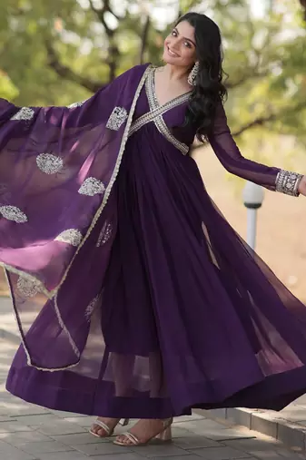 Violet georgette readymade anarkali suit with zari & sequin  work