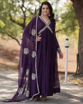 Violet georgette readymade anarkali suit with zari & sequin  work 4