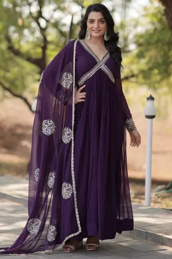 Violet georgette readymade anarkali suit with zari & sequin  work