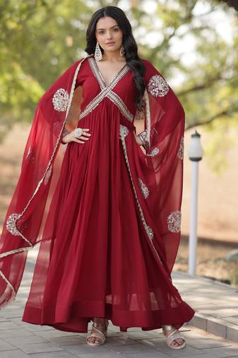 Maroon georgette readymade anarkali suit with zari & sequin  work