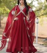 Maroon georgette readymade anarkali suit with zari & sequin  work