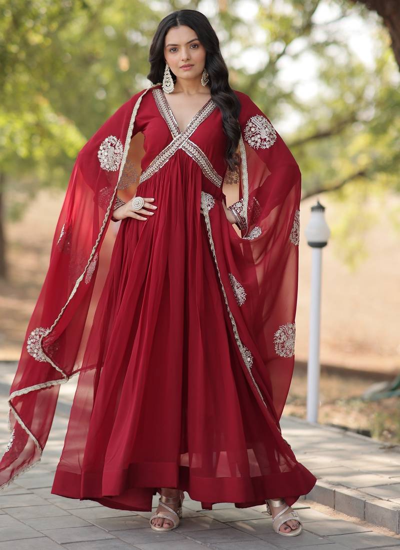 Maroon georgette readymade anarkali suit with zari & sequin  work