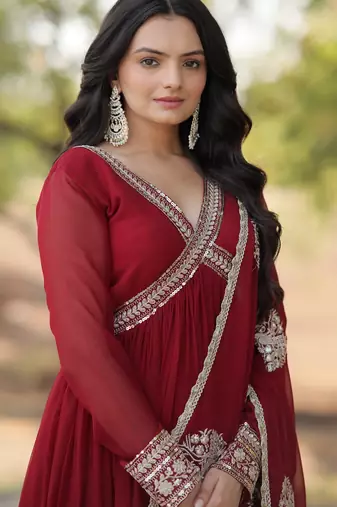 Maroon georgette readymade anarkali suit with zari & sequin  work