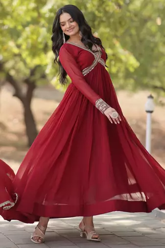 Maroon georgette readymade anarkali suit with zari & sequin  work