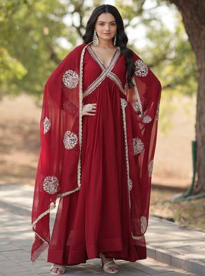 Maroon georgette readymade anarkali suit with zari & sequin  work 4