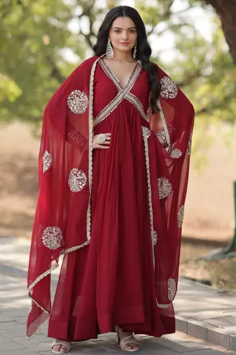 Maroon georgette readymade anarkali suit with zari & sequin  work