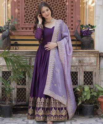 Purple georgette readymade anarkali suit with zari & sequin  work 1