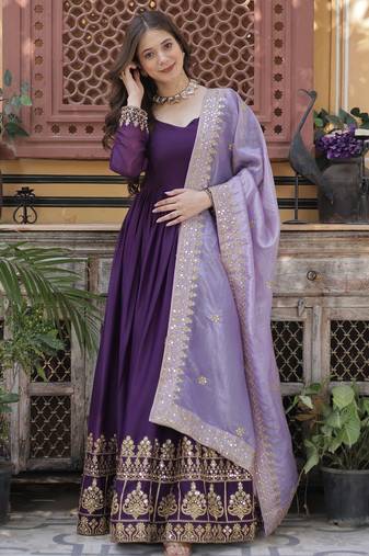 Purple georgette readymade anarkali suit with zari & sequin  work