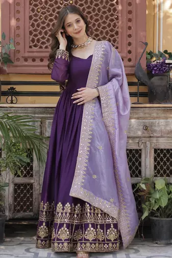 Purple georgette readymade anarkali suit with zari & sequin  work