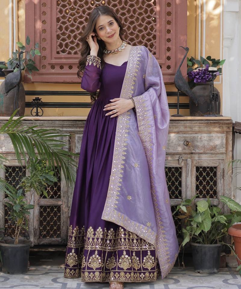 Purple georgette readymade anarkali suit with zari & sequin  work